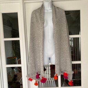 Beryll  100% Cashmere Light  Gray Oversized Scarf Wrap Orange & Magenta Pom Poms